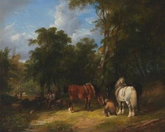 3117
William Shayer, Sr.
1787-1879, British
"The Plough Team At Willow Hants," 1853
Oil on canvas laid to canvas
Signed and dated lower center: Wm. Shayer; titled on the frame plaque
33.5" H x 40.5" W
Estimate: $3,000 - $5,000