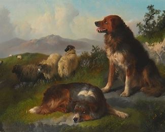 3118
George William Horlor
1823-1895, British
Sheepdogs Guarding Their Flock, 1869
Oil on panel
Signed and dated lower left: G.W. Horlor
16" H x 24" W
Estimate: $1,000 - $1,500