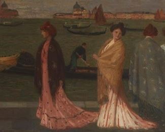 3119
Eugene Vail
1857-1934, French/American
"Les Femmes De Venise No. 10"
Oil on canvas
Signed lower left: Eugene Vail; titled verso
44" H x 84" W
Estimate: $3,000 - $5,000
