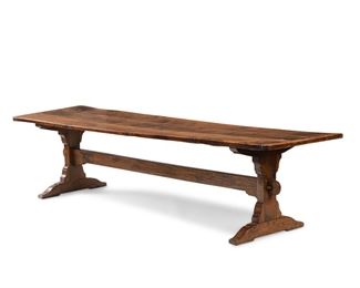 3120
A Continental Oak Trestle Table
17th Century
With three-plank top, clamp ended, and supported on chamfered solid ends with center bar
30.25" H x 122" W x 32.25" D
Estimate: $1,000 - $2,000