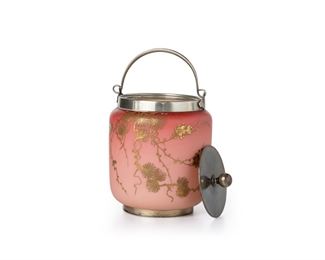 3125
A Victorian Art Glass Biscuit Barrel
Late 19th/Early 20th Century
The peach blow cased glass jar with gold enamel Chinoiserie-style floral decoration, fitted with a silver-plated lid, handle, and foot
7.5" H x 4.75" Dia.
Estimate: $500 - $700