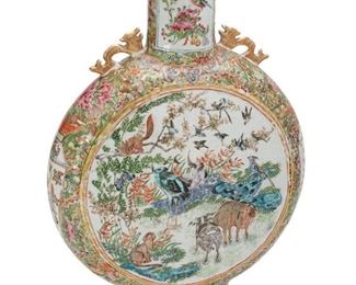 3128
A Chinese Famille Rose Porcelain Moon Vase
Fourth-Quarter 19th Century
The famille rose porcelain vase with gilt highlights and polychrome enamel decoration centering medallions of animals and flowers against an abundant ground of vines and flowers
19" H x 12.5" W x 3.75" D
Estimate: $2,000 - $3,000