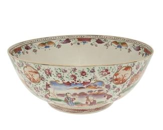 3130
A Chinese Rose Mandarin Porcelain Bowl
Late 18th/Early 19th Century
The famille rose porcelain bowl with a Rose Mandarin pattern, gilt highlights, and polychrome enamel decoration centering a hunting scene figural medallion surrounded by a floral border against white to the interior and alternating medallions of hunting and courting scenes against a floral ground to the exterior
5.125" H x 12.25" Dia.
Estimate: $600 - $800
