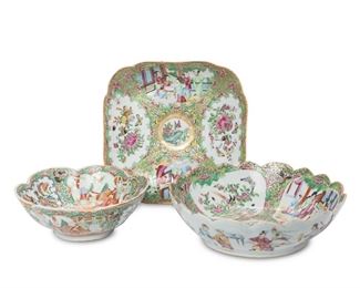 3131
Three Chinese Rose Medallion Porcelain Bowls
Fourth-Quarter 19th Century
Each famille rose porcelain bowl with a Rose Medallion pattern, gilt highlights, and polychrome enamel decoration centering a floral medallion to the interior surrounded by alternating medallions of birds, peonies, insects, and figures to the interior and exterior against an abundant ground of green scrolls, flowers, and insects, comprising a large scalloped bowl (3" H x 10.5" Dia.), a medium scalloped bowl (2.875" H x 8.125" Dia.), and a square dish (2" H x 9.5" W x 9.5" D), 3 pieces
Estimate: $600 - $800