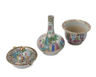 3132
Three Chinese Rose Mandarin Porcelain Items
Fourth-Quarter 19th Century
Each famille rose porcelain with a Rose Mandarin pattern, gilt highlights, and polychrome enamel decoration with prominent figural scenes surrounded by insects and flowers, comprising a tall-neck vase (12.5" H x 9" Dia.), a jardinere (6.5" H x 10" Dia.), and a tureen (2.625" H x 11" Dia.), 3 pieces
Estimate: $600 - $800