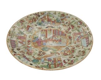 3133
A Chinese Rose Mandarin Celadon Porcelain Charger
Fourth-Quarter 19th Century or Earlier
The celadon glazed, famille rose porcelain charger with a Rose Mandarin pattern, gilt highlights, and polychrome enamel decoration centering a figural court medallion surrounded by alternating figural medallions, peonies, vases, scrolls, and insects against a celadon ground with faint scroll design
2.25" H x 14.25" Dia.
Estimate: $600 - $800