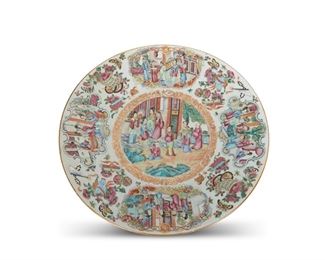 3134
A Chinese Rose Mandarin Porcelain Charger
Fourth-Quarter 19th Century
The famille rose porcelain charger with a Rose Mandarin pattern, gilt highlights, and polychrome enamel decoration centering a figural court medallion surrounded by alternating figural medallions, peonies, vases, scrolls, and insects against a white ground
2" H x 15" Dia.
Estimate: $600 - $800