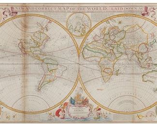 3140
Herman Moll; And Thomas Bowles And Sons
(1654-1732, British); And (17th/18th Century, British)
"A New and Correct Map of the World Laid Down According to the Newest Discoveries and from the Most Exact Observations," circa 1720
Engraving with hand-coloring on two joined sheets, as issued
From the edition of unknown size and date
Sight: 22.75" H x 38.5" W
Estimate: $2,000 - $3,000