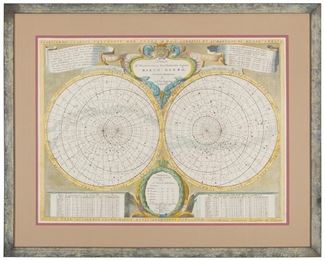 3141
Vincenzo Maria Coronelli
(1650-1718, Italian)
"Planisferii Celesti, Calcolati Per L'Anno MDCC, Corretti, Et Aumenati Di Molte Stelle..." circa 1690
Engraving with hand-coloring on paper
From the edition of unknown size and date
Plate: 17.75" H x 24" W
Estimate: $600 - $800