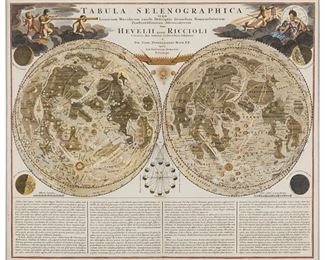 3142
Johann Homann
(1664-1724, German)
Tabula Selenographica, Circa 1716
A hand colored engraving of celestial images from Tabula Selenographica. tam Hevelii quam Riccioli
Plate: 19.75" H x 23.5" W

Estimate: $600 - $800
