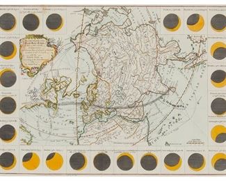 3143
George Smith; Edward Cave; And Thomas Jefferys
(1700-1773, British); (1691-1754, British); And (Circa 1719-1771, British)
"The Geography of the Great Solar Eclipse of July 14 MDCCXLVIII...," 1748
Engraving with hand-coloring on paper
From the edition of unknown size and date
With the engraved names of the cartographer, Smith; the publisher, Cave; and the engraver, Jefferys, in the plate




Sight: 12.25" H x 17.25" W
Estimate: $300 - $500