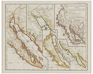 3144
Didier Robert De Vaugondy
(1723-1786, French)
"Carte de la Californie: Suivant," 1770
Engraving with hand-coloring on paper
From the edition of unknown size and date


Estimate: $300 - $500