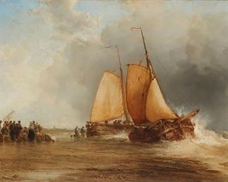 3153
James Webb
1825-1895, British
"Sands At Scheveningen Hollow," 1873
Oil on canvas laid to canvas
Signed and dated lower left James Webb; titled in another hand verso
24" H x 40" W
Estimate: $15,000 - $20,000