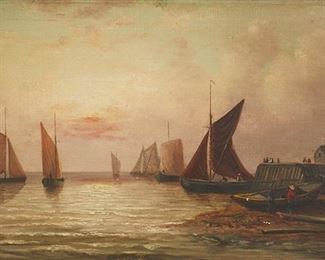 3154
Millson Hunt
fl. 1875-1900, British
Sail Boat In Harbor, 1888
Oil on canvas
Signed and dated lower right: Millson Hunt
10" H x 18" W
Estimate: $600 - $800