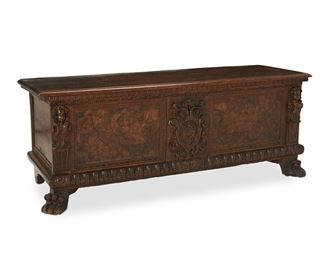 3155
An Italian Baroque Carved Wood Cassone
Late 18th/Early 19th Century
The carved wood chest with rectangular hinged lid over a carved body fronted with high-relief half figures centering a foliate heraldic shield raised on paw feet
23.75" H x 59" W x 21" D
Estimate: $800 - $1,200