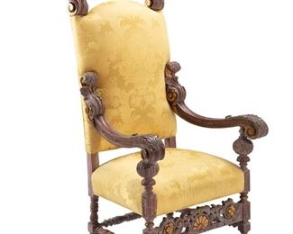 3158
A Large Baroque-Style Carved Wood Armchair
20th Century
With a scrolled acanthus carved finials and arms over an openwork seat rail and turned stretcher, with parcel gilt details and yellow silk upholstered back and seat
62.75" H x 31" W x 28" D
Estimate: $1,200 - $1,800