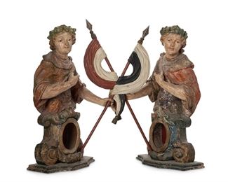 3160
A Pair Of Carved Wood Bohemian Saints
18th Century
Depicting Cosmas and Damian, with original polychrome, 2 pieces
Each: 29" H x 21.5" W x 15" D
Estimate: $2,000 - $3,000