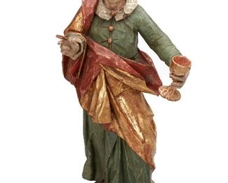 3163
A Continental Baroque-Style Carved Wood Saint
18th Century
With polychromed and gilt details, with support
29" H x 14" W x 12" D; support: 9.125" H x 13.75" W x 7.25" D
Estimate: $500 - $700