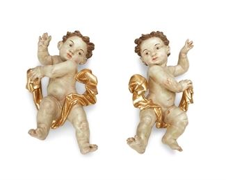 3164
A Pair Of Southern German Carved Wood Putti
First-Quarter 20th Century
With polychrome and 22k gilt details, 2 pieces
Each: 13" H x 17.5" W x 7" D
Estimate: $300 - $500