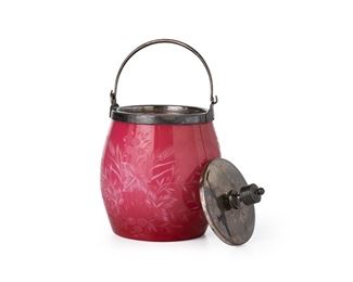 3171
A Victorian Art Glass Biscuit Barrel
Late 19th/Early 20th Century
Silver rim marked for Meriden B. Company, numbered 22
The pink cased glass jar with intaglio cut flowers, fitted with a silver-plated lid and handle
8.5" H x 4.5" Dia.
Estimate: $500 - $700