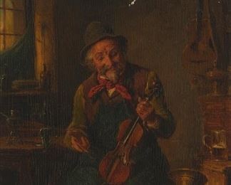 3170
Hermann Kern
1838-1912, Hungarian
Man Repairing Violin
Oil on panel
Signed lower right: Kern H.; inscribed and initialed verso: La Reproduction est Reservee / K.H.; and with the artist's wax seal
18.5" H x 12" W
Estimate: $1,500 - $2,000
