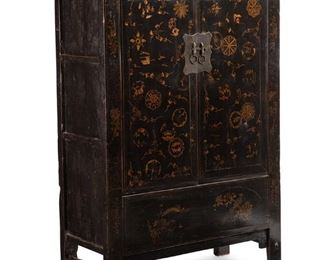 3175
A Chinese Lacquered Cabinet
20th Century
The two-door black lacquered wood cabinet with scattered sprays of gilt flowers, animals, and geometric designs with metal sliding lock and handles
70" H x 47" W x 21.25" D
Estimate: $1,000 - $1,500