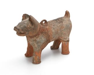 3180
A Chinese Glazed Red Pottery Model Of A Dog
Han Period (206 BCE-220 CE)
With a pior gum label from Christie's
The glazed earthenware dog standing foursquare, with upturned tail and ears pricked, the harness buckled to an upright loop on the back
9" H x 12.5" W x 4.5" D
Estimate: $4,000 - $6,000
