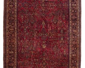 3184
A Large Sarouk Area Rug
Circa 1920s
Wool on cotton foundation, with polychrome floral designs on red
21'8" L x 12' W
Estimate: $2,000 - $3,000