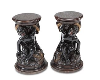 3186
A Pair Of Continental Carved Wood Figural Pedestals
Fourth-Quarter 19th Century
Known as a "Blackamoor," each carved wood pedestal in the form of a crouching figure supporting a circular top finished with polychrome and gilt details
Each: 18.5" H x 12.25" Dia.
Estimate: $1,000 - $2,000