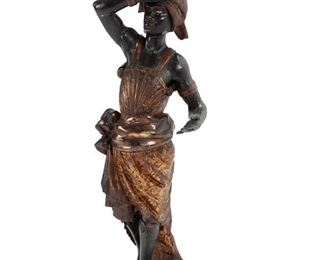 3187
A Large Continental Polychromed Carved Wood Figure
19th Century
Known as a "Blackamoor," the carved wood figure depicting a standing male in traditional costume balancing a vessel with polychrome and gilt details
56.5" H x 17" W x 16" D
Estimate: $3,000 - $5,000