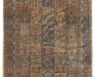 3185
A Qum Area Rug
20th Century
Wool on cotton foundation, with polychrome registers of floral panels
12'1" L x 8'11" W
Estimate: $1,500 - $2,500