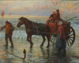 3190
Carl Eugene Mullertt
1869-1915, German
Family Walking Along A Shore With Horse-Drawn Carriage
Oil on canvas
Signed lower left: Eugene Mullertt

28.5" H x 39" W
Estimate: $800 - $1,200