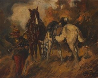 3191
20th Century Continental School
Military figure with two horses
Oil on board
Indistinctly signed lower right
14" H x 19.5" W
Estimate: $600 - $900