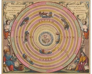 3196
Andreas Cellarius; Peter Schenk; Gerard Valck; Johannes Van Loon
(1596-1665, German-Dutch); (1661-1711, Dutch); (1651-1726, Dutch); And (Circa 1611-1686, Dutch)
"Planisphaerium Ptolemaicum, sive machina orbium," plate 1 from "Atlas universalis et novus," circa 1708
Engraving with hand-coloring on paper
From the edition of unknown size and date
This state lacking the engraved names of the artists/publishers in the plate
Sight: 17.25" H x 20.75" W
Estimate: $1,000 - $2,000