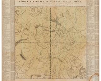 3199
Johann Gabriel Doppelmayr; And Johann Baptiste Homann
(1677-1750, German); And (1664-1724, German)
"Globi Coelestis in Tabulas Planas Redacti Pars I," from "Hemisphaerium coeli," circa 1730
Engraving with hand-coloring on paper
From the edition of unknown size and date
Sight: 20" H x 23.5" W
Estimate: $300 - $500