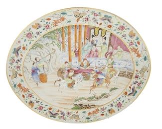 3208
A Chinese Rose Mandarin Porcelain Platter
19th Century
The famille rose porcelain platter with a Rose Mandarin pattern, gilt highlights, and polychrome enamel decoration centering a figural scene surrounded by flowers and insects
1.5" H x 17.25" W x 15" D
Estimate: $600 - $800