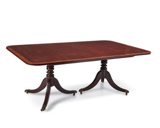 3215
A Kittinger Chippendale-Style Dining Table
Fourth-Quarter 20th Century
With paper label to underside: Kittinger / Buffalo / 01601 AA / 3
Rectangular top with rounded corners over two pedestal tripodal supports terminating in claw feet raised on casters, with two leaves
29.5" H x 78" W x 48" D; extended: 114" W
Estimate: $700 - $900