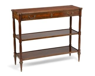 3216
A Baker Sideboard
20th Century
With Baker metal tag to interior
The sideboard with a rectangular top with rounded corners and a single long drawer over two undershelves and raised on fluted legs
36" H x 43" W x 15" D
Estimate: $600 - $800