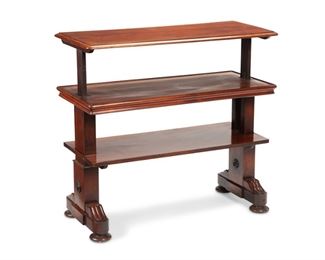 3219
An English Mahogany Butler's Stand
Mid-19th Century
With three adjustable, rectangular shelves raised on carved legs with bun feet
38.75" H x 42" W x 18.5" D
Estimate: $800 - $1,200