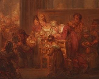 3227
Ary Scheffer
1795-1858, Dutch
Church Interior With Figures Praying
Oil on canvas laid to canvas
Appears unsigned; artist attribution from a partial old paper label affixed to the backboard of the frame
9.5" H x 12.75" W
Estimate: $2,000 - $3,000