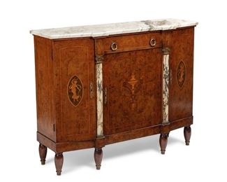 3231
A French Empire-Style Sideboard
Late 19th/Early 20th Century
The Neoclassicla-style sideboard with a cream marble top over a single drawer atop a central cabinet and flanked by two outer cabinets, decorated with Classical-style parquetry figures and urn
40" H x 51" W x 16.75" D
Estimate: $600 - $800