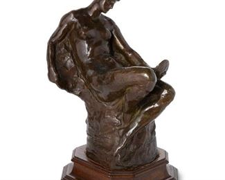 3233
Daniel Chester French
1850-1931, American
"Memory," Modeled 1886, Cast 1919
Patinated bronze on wood plinth
Signed and dated: Daniel C. French, Feb. 1886; Foundry mark: B. Zoppo. / Foundry. N.Y.; Titled to gallery label underside
10.25" H x 7" W x 5.25" D
Estimate: $3,000 - $5,000