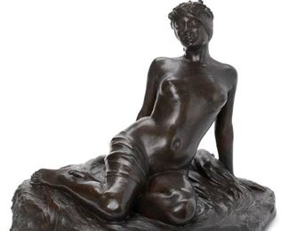 3234
Albert Bartholomé
1848-1928, French
Au Bord De L'eau (Nude Reclining By A Stream)
Patinated bronze <br />
Signed: Bartholomé; stamped: CIRE PERDUE A.A. HEBRARD
18.5" H x 22" W x 18" D
Estimate: $3,000 - $5,000