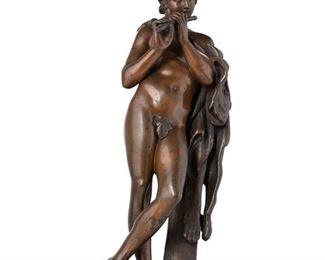 3235
A German Bronze "Faun Playing The Flute" Sculpture
First-Quarter 20th Century
Bearing pastille: R. Bellair & Co. / Berlin / Friedrickstr / 182
The patinated bronze sculpture after a Hellenistic Greek original in the style of Praxiteles, Scopas and Lysippus, and a later Roman copy currently housed in the Louvre
20.5" H x 8.25" W x 5.5" D
Estimate: $800 - $1,200