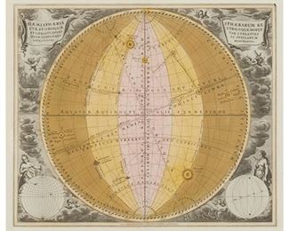 3238
Andreas Cellarius; Peter Schenk; Gerard Valck; Johannes Van Loon
(1596-1665, German-Dutch); (1661-1711, Dutch); (1651-1726, Dutch); And (Circa 1611-1686, Dutch)
"Hemisphaerium orbis antiqui, cum zonis," plate 13 from "Atlas Universalis et Novus," circa 1708
Engraving with hand-coloring on paper
From the edition of unknown size and date
With the engraved names of Gerardum Valk & Petrum Schenk, Amsterdam, pub. at the center of the lower platemark
Plate: 17" H x 19.75" W; Sight: 18.125" H x 20.875" W
Estimate: $800 - $1,200