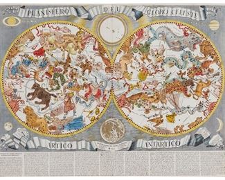 3239
Giovanni Giacomo De Rossi; Francesco Brunacci; And Vincenzo Mariotti
(1627-1691, Italian); (1640-1703, Italian); And (1650-1734, Italian)
"Planisfero del Globo Celeste Artico Antartico," 1687
Engraving with hand-coloring on paper
From the edition of unknown size and date
Domenico de Rossi, Rome, Italy, pub.
Sight: 16.50" H x 22" W
Estimate: $600 - $800
