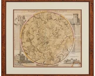 3241
Johann Gabriel Doppelmayr; And Johann Baptiste Homann
(1677-1750, German); And (1664-1724, German)
Hemisphaerium Coeli Australe in quo Fixarum loca secundum Eclipticae ductum ad anum 1730...," circa 1742
Engraving with hand-coloring on paper
From the edition of unknown size and date
Sight: 19.125" H x 22.875" W
Estimate: $800 - $1,200
