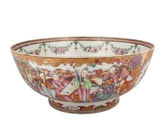 3250
A Chinese Rose Mandarin Porcelain Bowl
Fourth-Quarter 19th Century
The famille rose porcelain bowl with a Rose Mandarin pattern, gilt highlights, and polychrome enamel decoration centering a floral vase medallion surrounded by a floral border against white to the interior and alternating medallions of court scenes and floral vases against a geometric red ground to the exterior
5.75" H x 13.25" Dia.
Estimate: $800 - $1,200