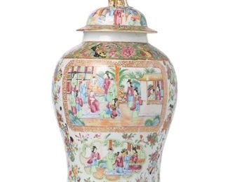 3252
A Chinese Rose Mandarin Porcelain Temple Jar
Mid-19th Century
The large famille rose porcelain jar with a Rose Mandarin pattern, gilt highlights, and polychrome enamel decoration depicting figural court scenes surrounded by peonies, vases, scrolls, and insects against a white ground
17" H x 9.5" Dia.
Estimate: $800 - $1,200