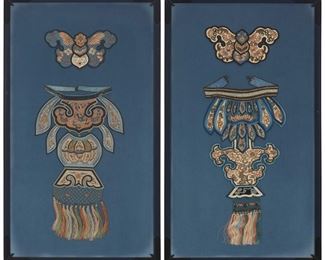 3254
A Pair Of Chinese Silk Embroidered Epaulets And Gussets
19th century, Late Qing Period (1644–1911)
Each with gold thread and tassel fringe, mounted in frames with light blue velvet backing, 2 pieces
Each overall: 31" H x 18" D x 0.625" D
Estimate: $300 - $500